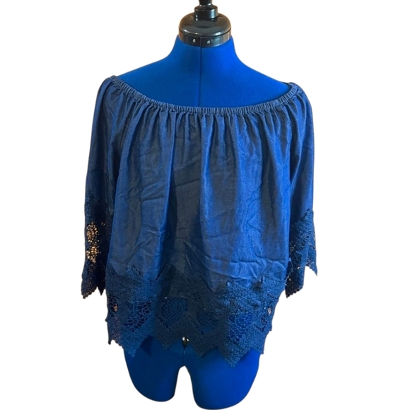 Unique Spectrum Tops - Unique Spectrum Royal Blue Lace Trim Blouse